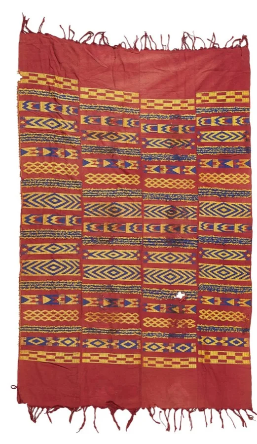Yoruba royal beaded regalia including robe and accessories, glass beads on cloth with symbolic imagery